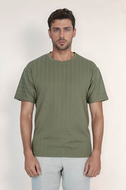 VELVARDE BİSİKLET YAKA ÇİZGİLİ TSHİRT YEŞİL (1818)